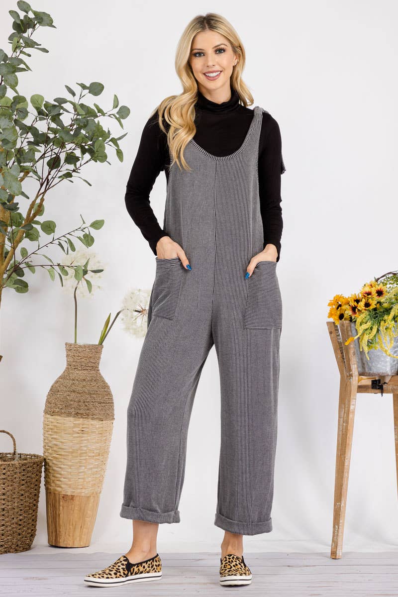 Celeste Clothing – Großhandel Jumpsuit – Damen – Plus-Size verstellbarer Rippen-Overall mit Fronttaschen - CP4387341