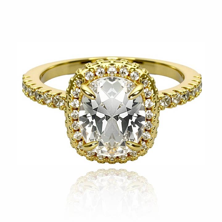 Guld pudeformet halo laboratoriediamant forlovelsesring for engroshandel hos Caratina
