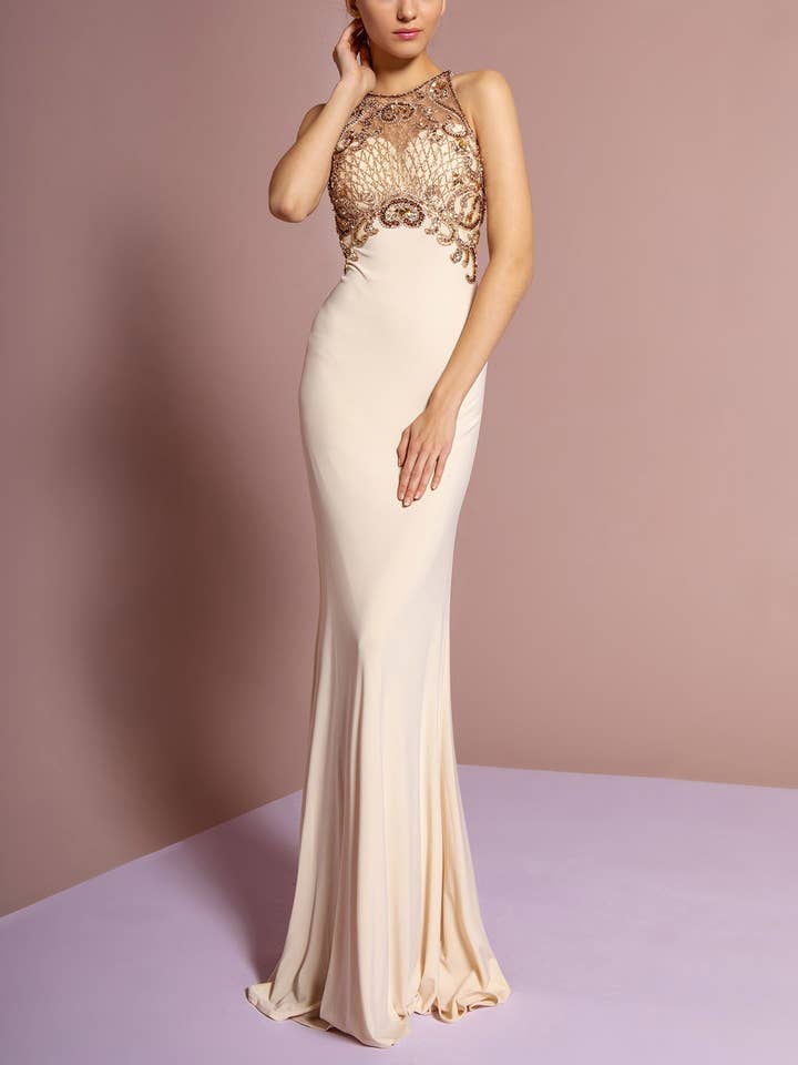 Floor Length Dress with Jewel Embellished Sheer Bodice and Back for wholesale by Tux-USA®