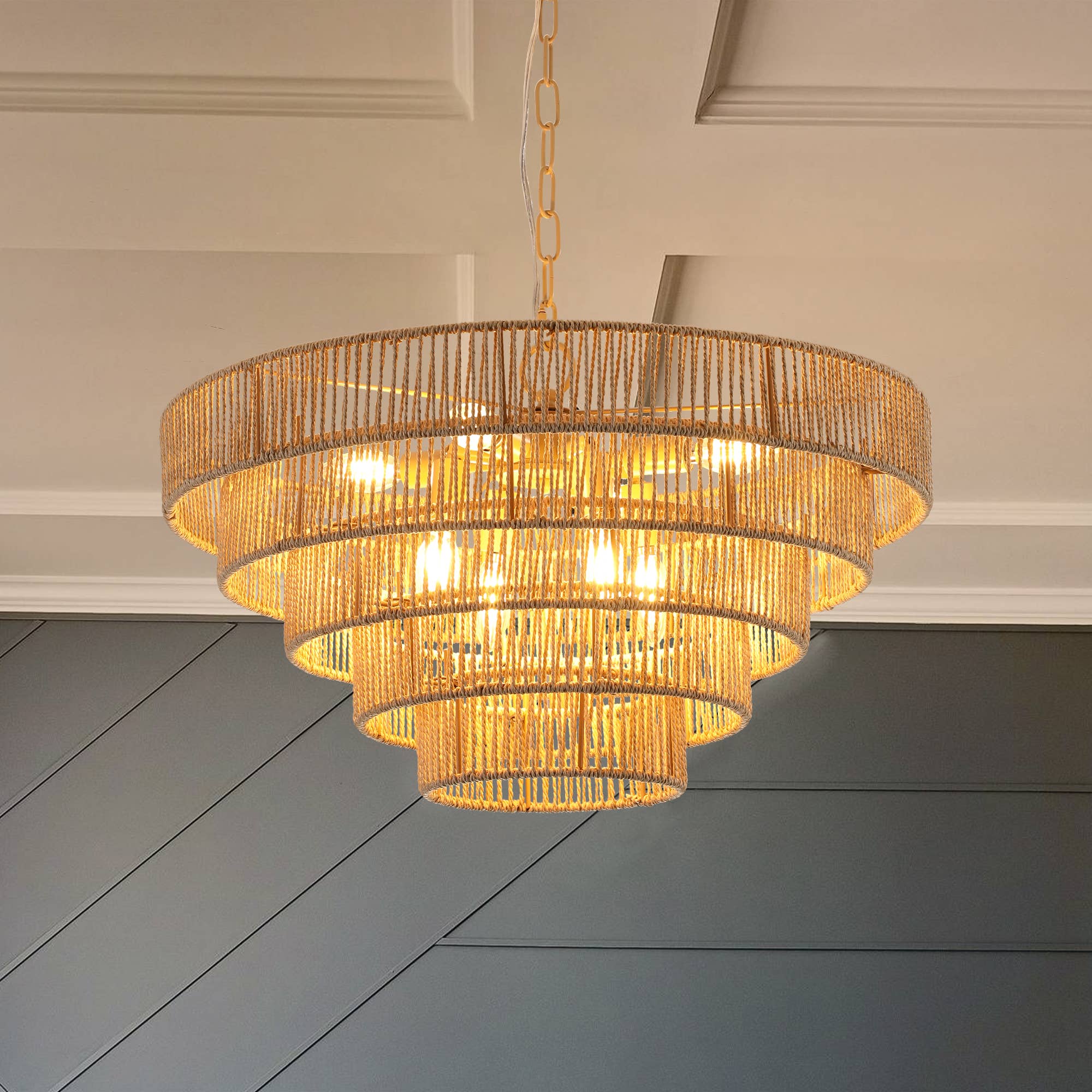Wood Bohemian Woven 5-Tier Large Rattan Pendant Light for wholesale on Faire0