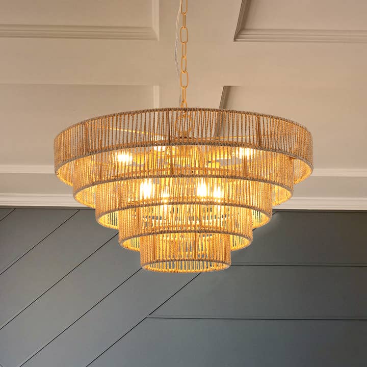 Wood Bohemian Woven 5-Tier Large Rattan Pendant Light for wholesale on Faire
