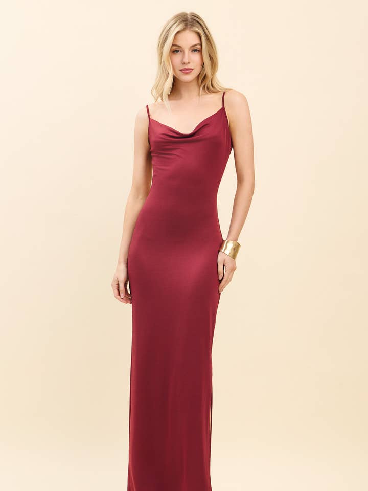 JD50835 - COWL NECK W LAYERED STRAP MAXI DRESS W SIDE SLIT for wholesale by Heart & Hips