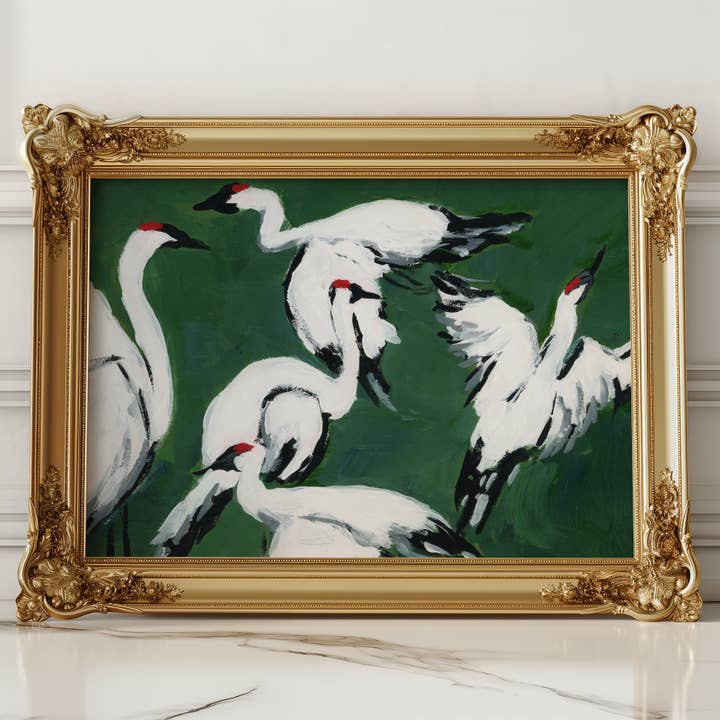 Sandhill-Kranich-Gruppe auf Jadegrün, großer ungerahmter Druck für den Großhandel von Green Barn Studio