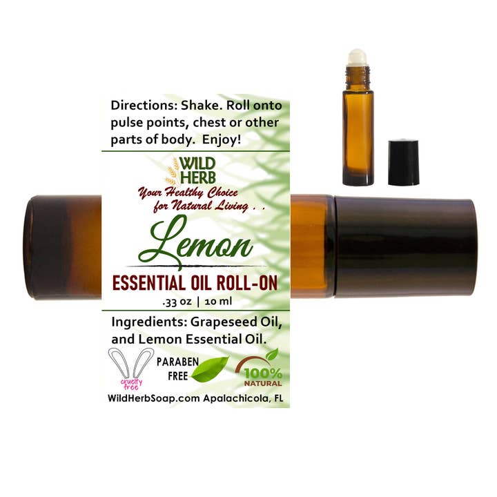 Lemon Essential Oil Roller Top Bottle Aromatherapy for wholesale by Wild Herb Soap Co