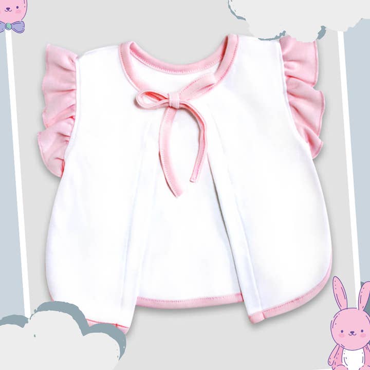 Spädbarn flicka vit med rosa trim volangförkläde haklapp 6-PACK för wholesale av Laughing Giraffe