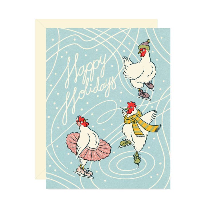 Schaatsende Kippen Feestdagenkaart voor wholesale door Wallflower Paper & Party