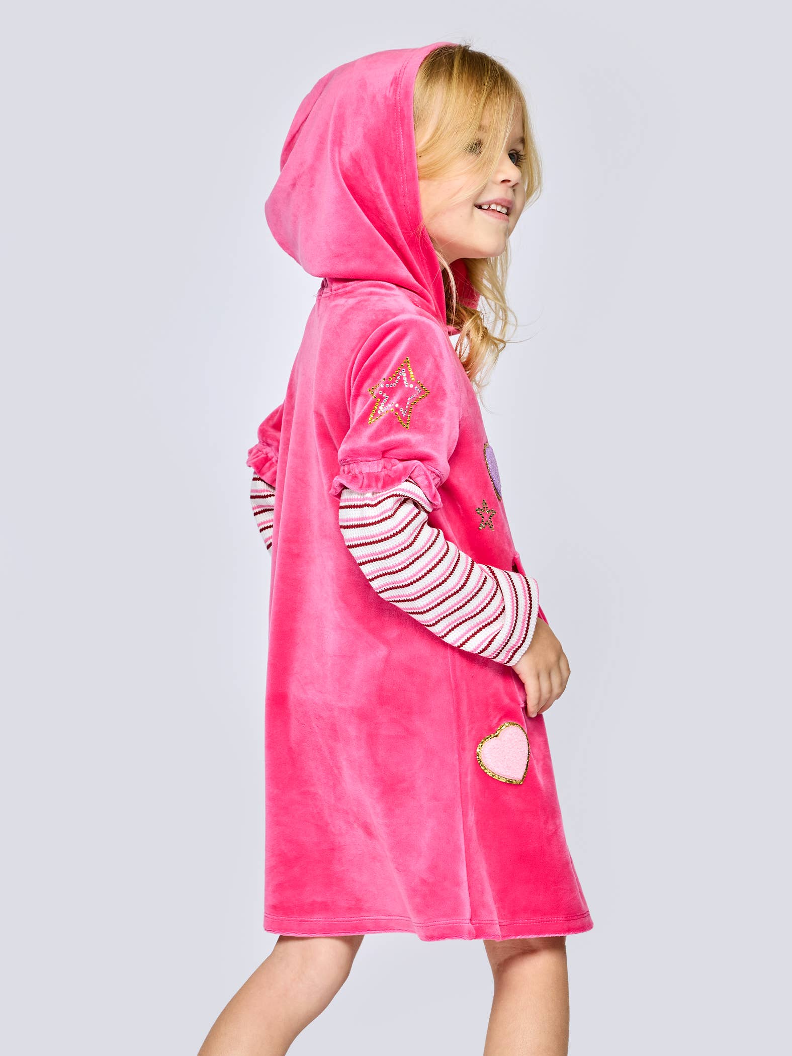 Fuchsia L/s Velour Hoodie Dress W/ Patch and Rhinestones for wholesale on Faire2