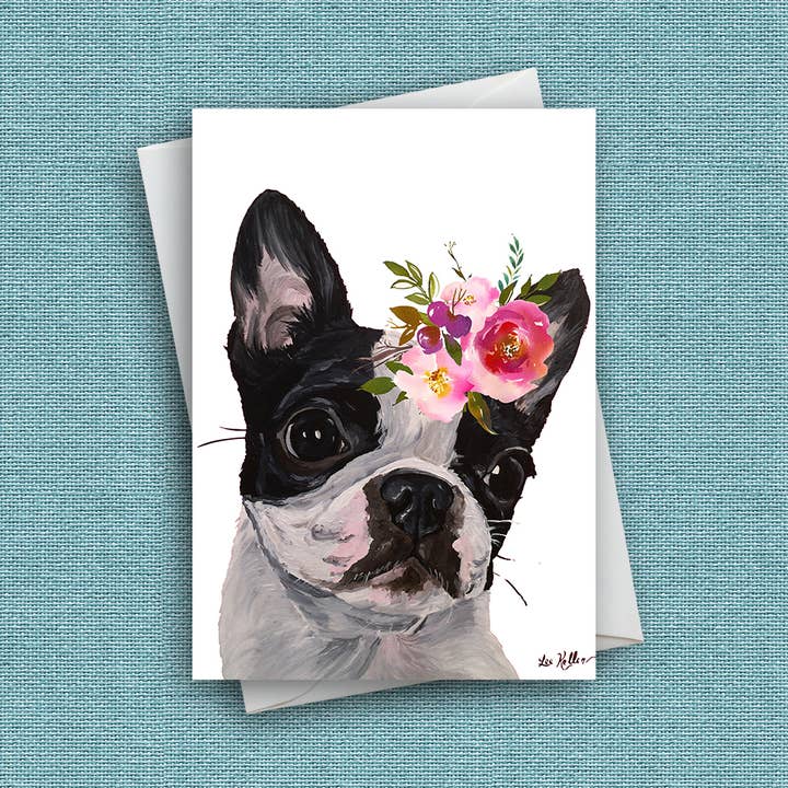 Bright Blooms Hundekort 'Boston Terrier', Sød hundekort for engroshandel hos Hippie Hound Studios