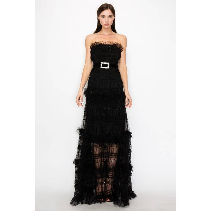 INA - Wholesale Dress - Women's - Strapless Polka Dots Tiered Tulle Maxi Dress