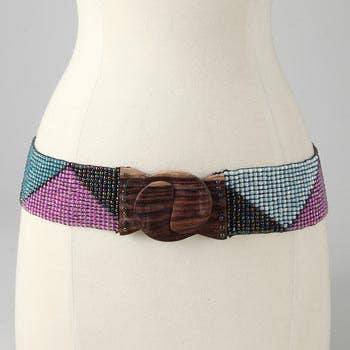 Glass bead belt wood scroll triangles Hand Loomed turquoise for wholesale by Erik & Mike