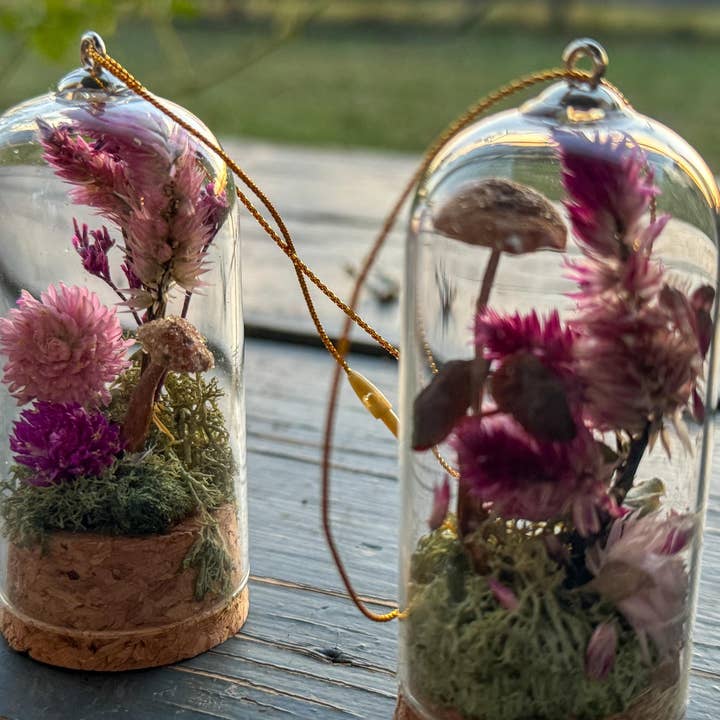 Remedy Designs - Wholesale Ornament - Mushroom terrarium, dried mushroom cloche, real flower decor, woodland christmas7