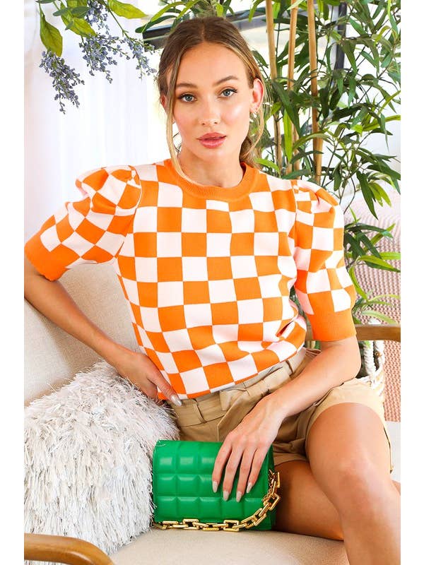 Vine & Love - Wholesale Knit Sweater - Women's - Checkerboard Crew Neck Short Puff Sleeve Sweater VT8134516