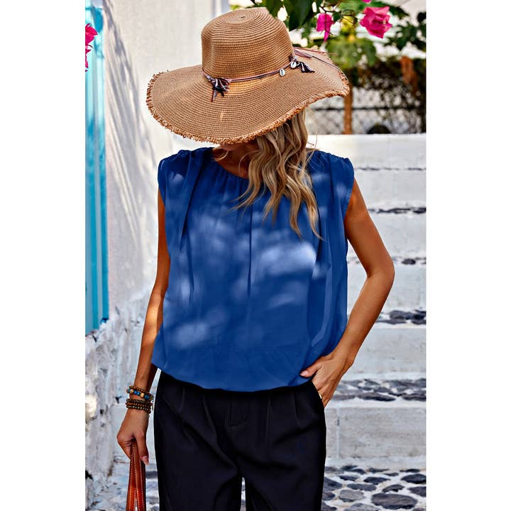 Solid Ruched Sleeveless Loose Fit Round Neck Top for wholesale by Supreme Fashion