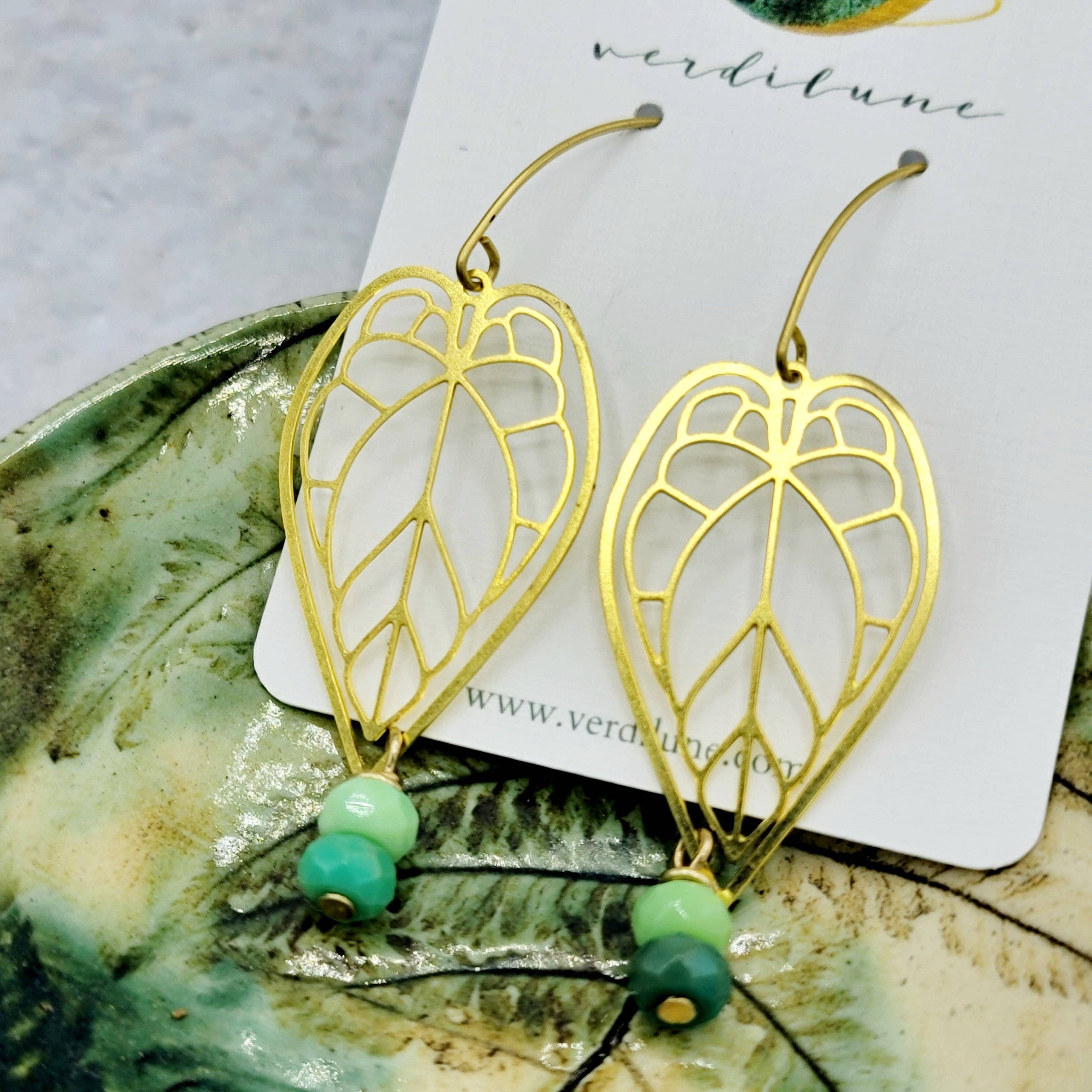 Verdilune - Wholesale Dangle Earrings - Beaded Brass Begonia Leaf Earrings1