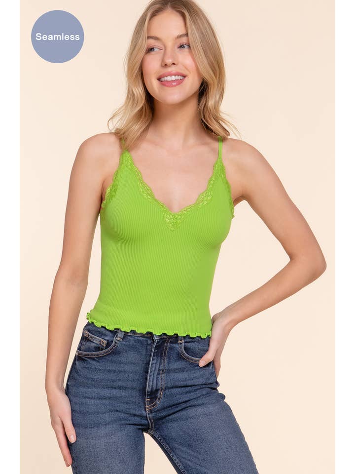 Active Basic | Active USA - Wholesale Camisole - Women's - V-neck Lace Detail Seamless Rib Knit Cami Top