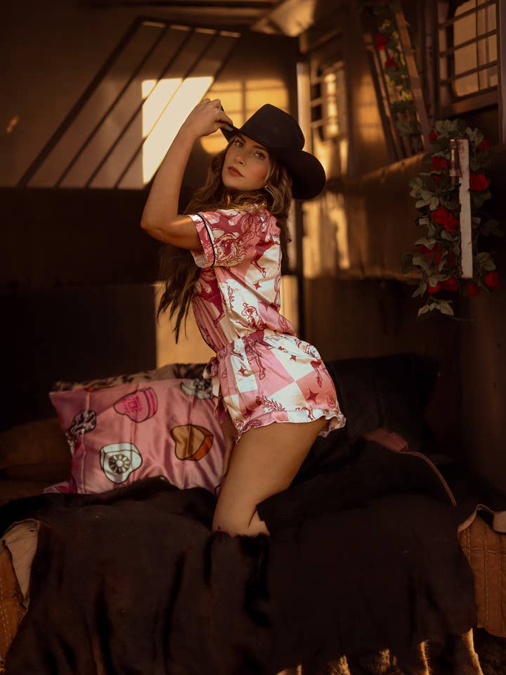 Southern Essentials by Ashley LLC - Wholesale Sleepwear Set - Women's - Pink Checkered Bronc Rider Silky Short Pajama Set13