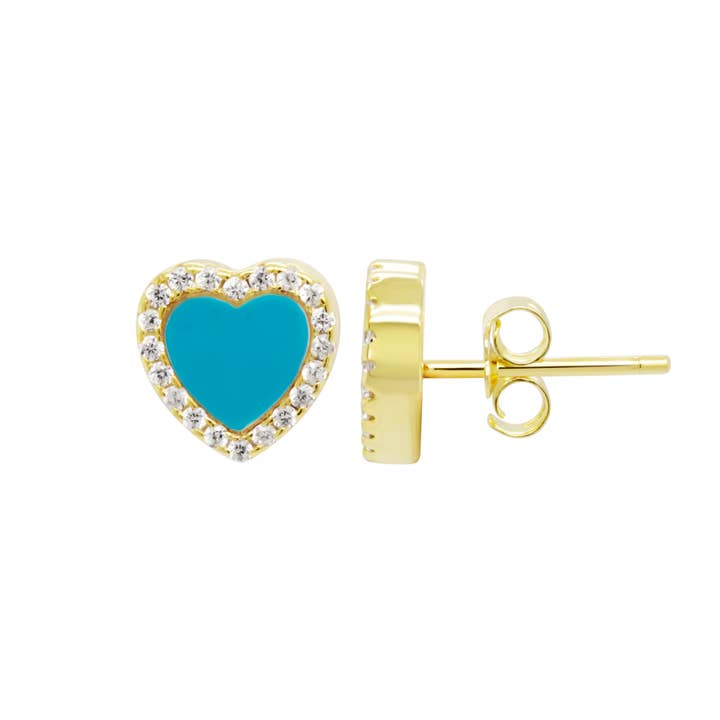 Gold Plated Sterling Silver Turquoise CZ Heart Earrings for wholesale by Dlux Jewels