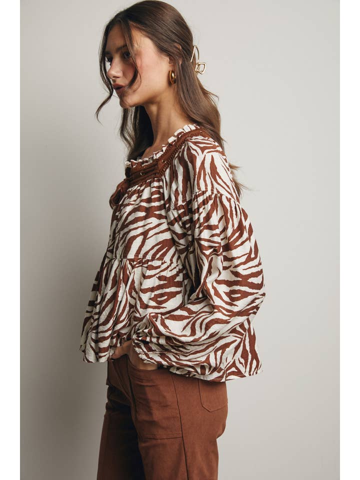 Forte - Wholesale Blouse - Women's - Zebra Jacquard Blouse with Faux Leather Trim FT002319