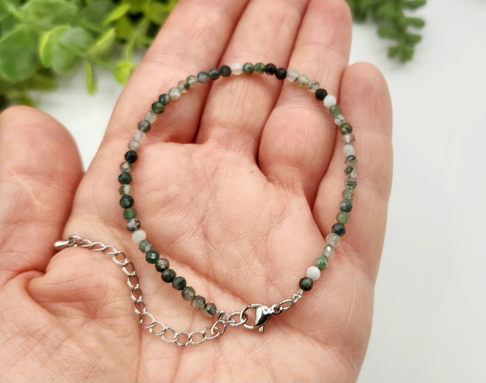 Meraki Gemstones - Wholesale Beaded Bracelet - Moss agate Bracelet Faceted 3MM w/Silver Color Clasp4