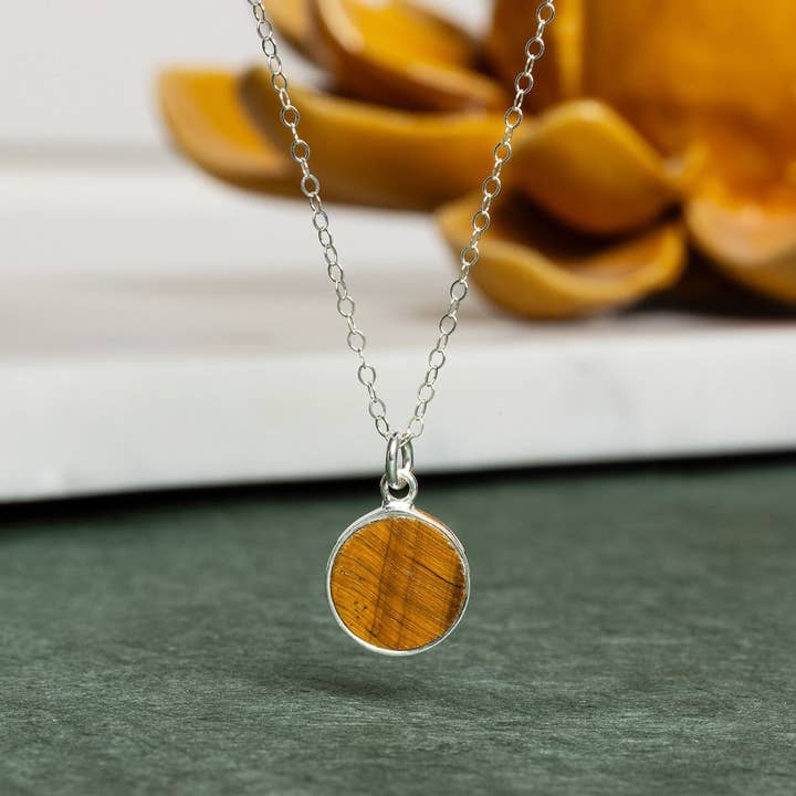 Tiger's Eye 925 Sterling Silver Round Disc Pendant on Cable Chain for wholesale by Soul & Little Rose