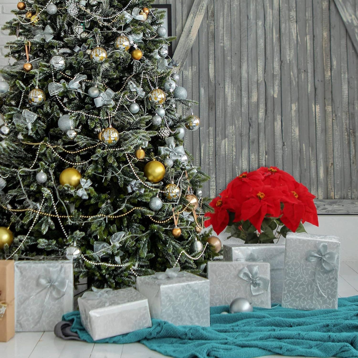 Larksilk - Venta al por mayor Flores artificiales - Arbusto de flor de pascua rojo, 7 cabezas de terciopelo, colección navideña de 20 pulgadas5