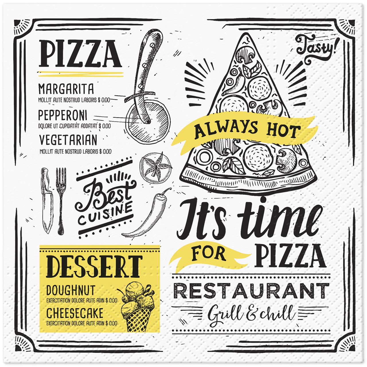 Wurm – Großhandel Papier- & Stoffserviette – Serviette Pizza Time 3-lagig, 20er Pack aus Papier/Pappe, Gelb (B/H) 33x33cm0