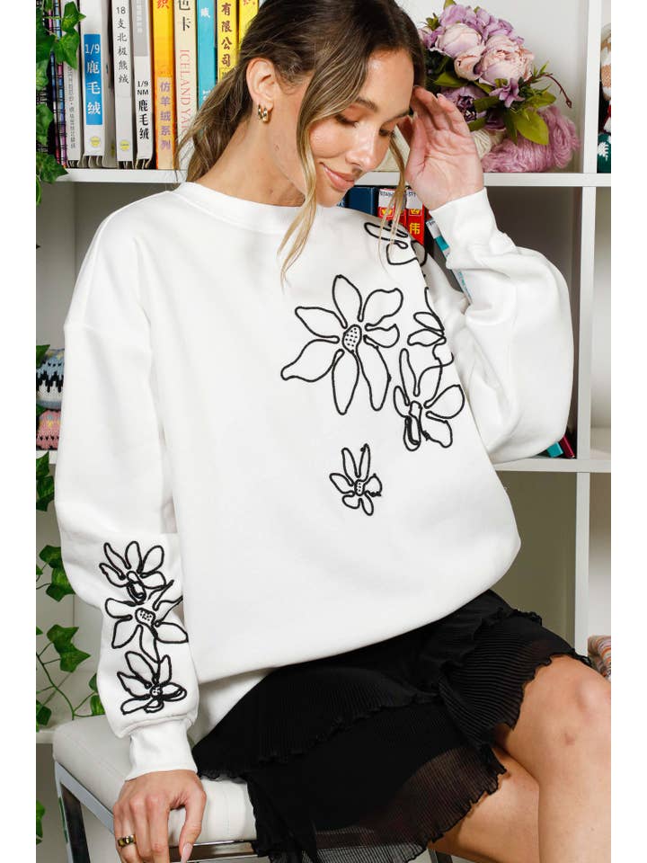 Vine & Love - Vente Sweat-shirt – femme - Sweat-shirt à col rond et manches longues brodé de fleurs VT822692