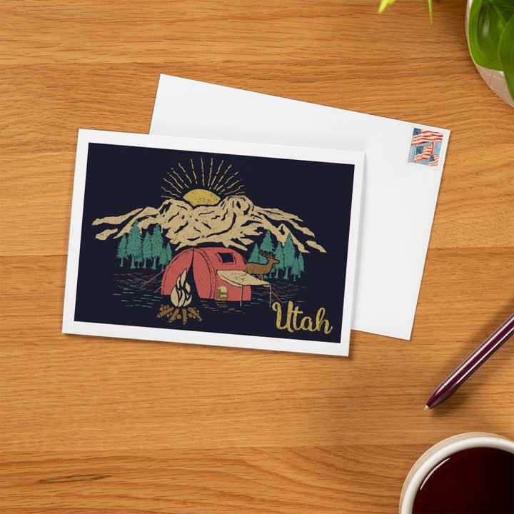 Lantern Press - Wholesale Everyday Greeting Card - GREETING CARD Utah, Camping Scene, Snowy Mountains1