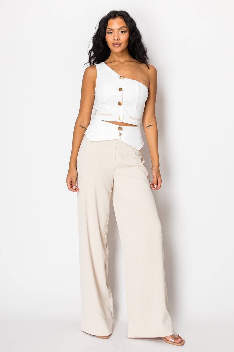 Beige Contrast Wide Pant Set With One Shoulder Top for wholesale on Faire0