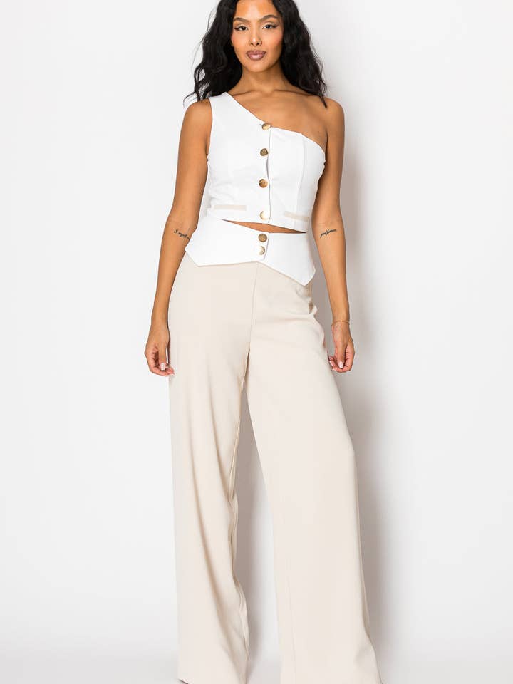 Beige Contrast Wide Pant Set With One Shoulder Top for wholesale on Faire