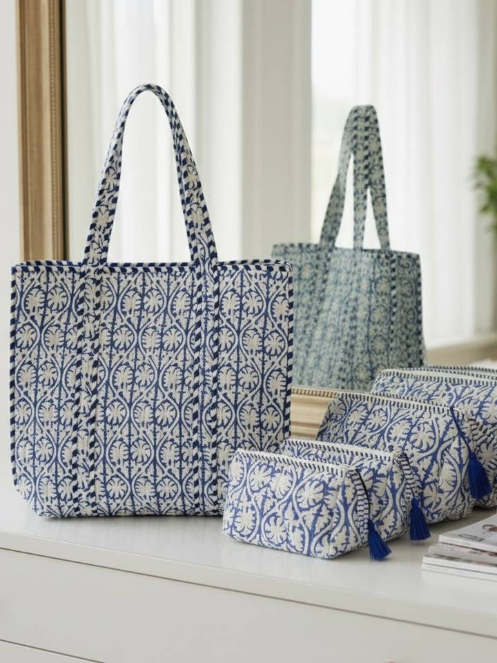 Blue Moon Combo TOTE + COSMETIC BAGS SET OF 3 for wholesale by AMRANIS