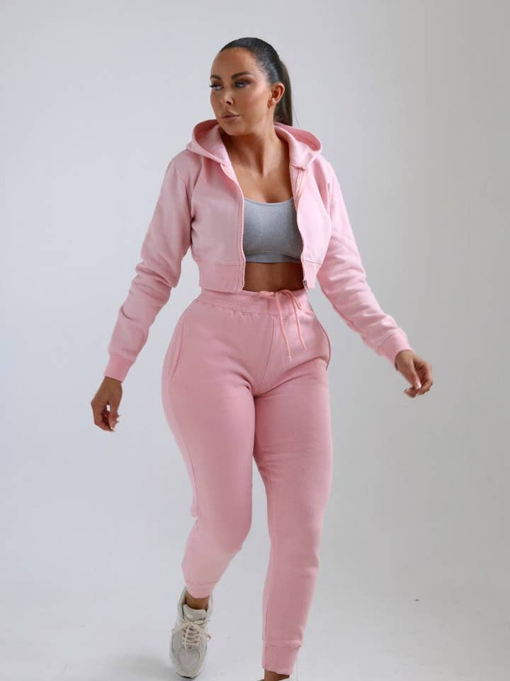 Femme Luxe – wholesale Lounge set – Women's – Pink Zip Up Crop Hoodie & Joggers Loungewear Set - Nell