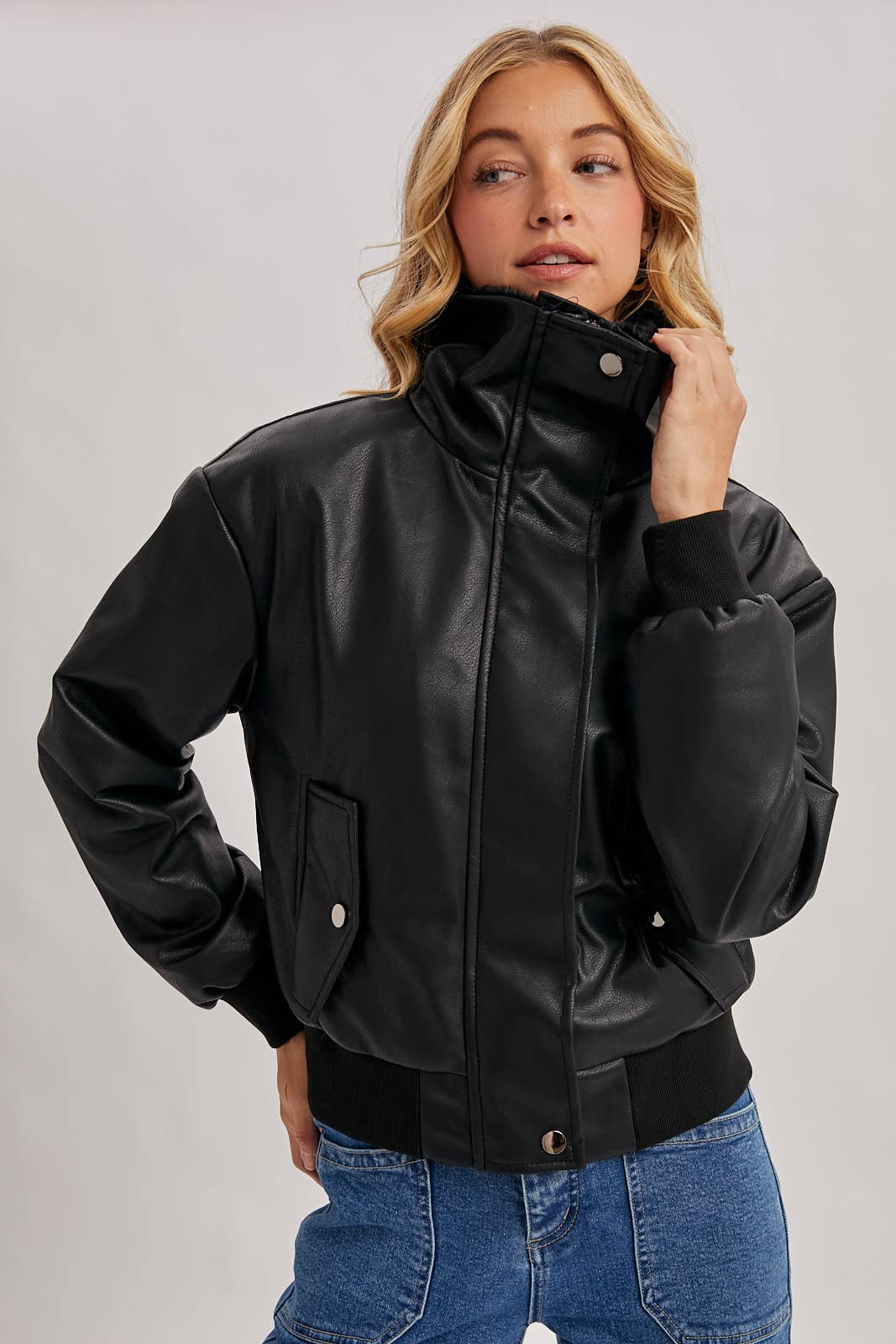 Bluivy - Wholesale Bomber Jacket - Women's - AVIATOR FAUX LEATHER AND FUR TRIMMED BOMBER JACKET8