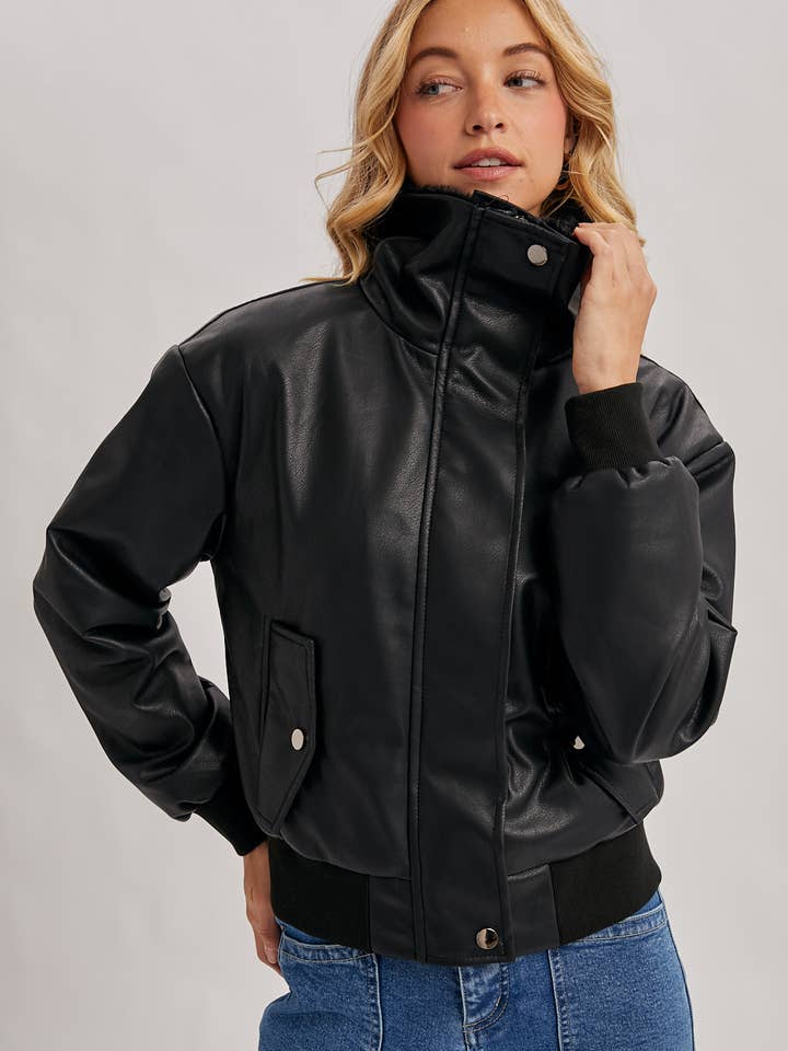 Bluivy - Wholesale Bomber Jacket - Women's - AVIATOR FAUX LEATHER AND FUR TRIMMED BOMBER JACKET8