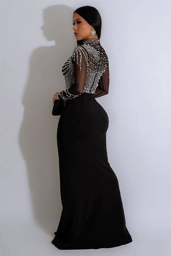 Aria Romance - Vendita all'ingrosso Abito da sera - Donna - Abito lungo in rete con spacco alto decorato0