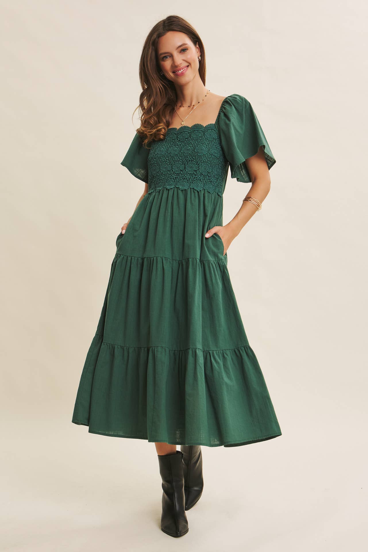 in february - Wholesale Dress - Women's - ESSENCE OF FALL TIERED CROCHET MIDI DRESS WITH FLUTTER SLVS23