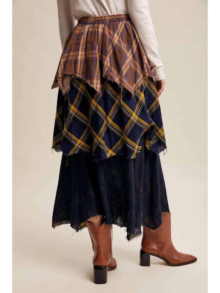 Listicle - Wholesale Skirt - Women's - Layered Patchwork Plaid Maxi Skirt LSK01706