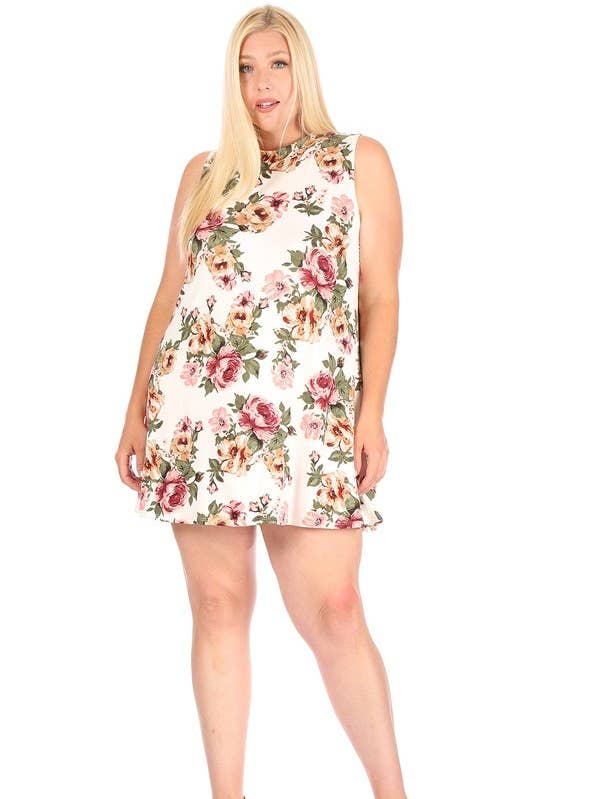 Plus Mock Neck ljus blommig sväng klänning för wholesale av VIBE Apparel Co