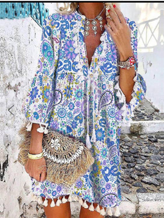 VividLux - Wholesale Dress - Women's - Women Print V Neck Tassel 3/4 Sleeve Shift Dress Bohemian Casual Knee Length Dress