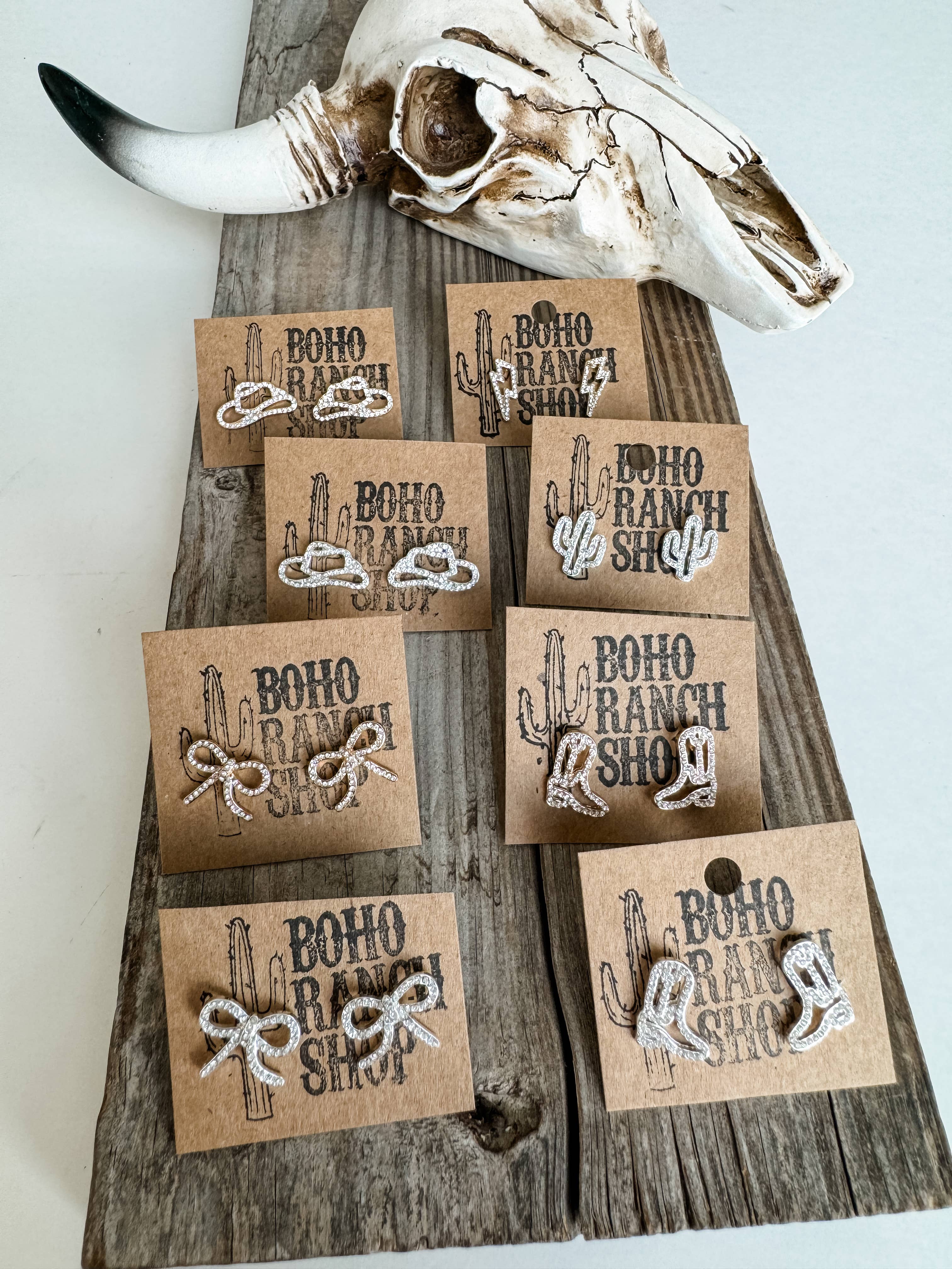Boho Ranch Shop – wholesale Stud/post earrings – Western cut out paved Stud earrings - cowboy boots hat bow 1