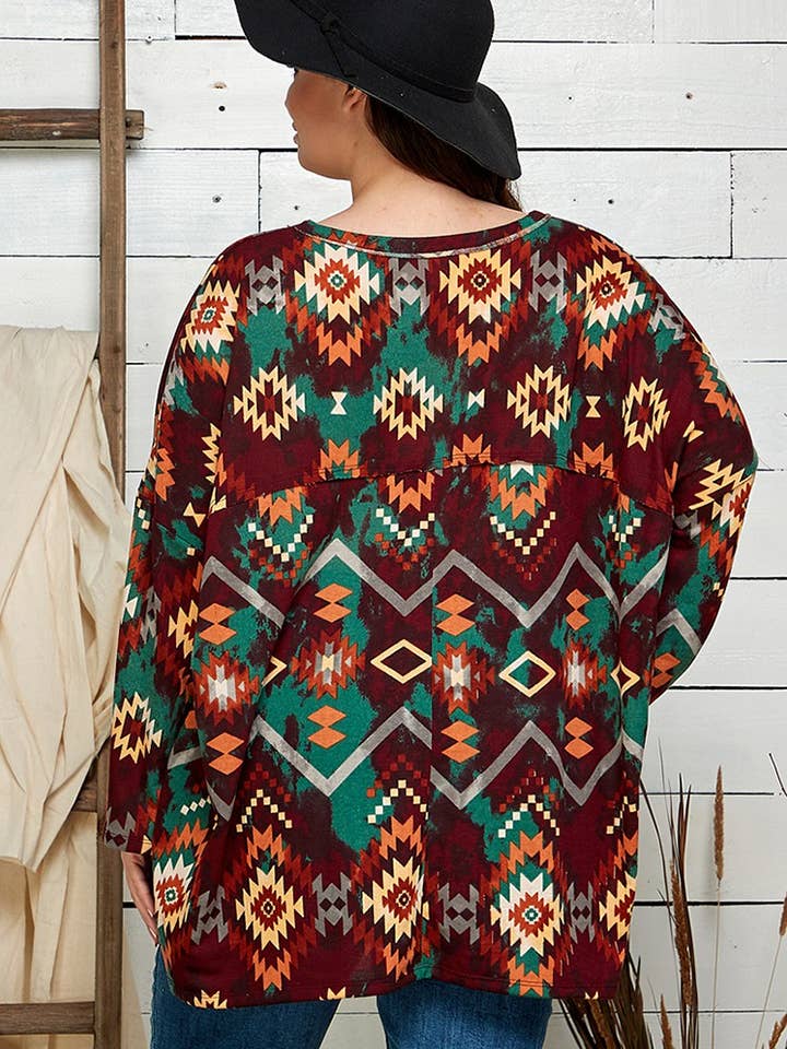 Shopin LA - Wholesale Lounge Top - Women's - ST21113P - WOMEN AZTEC PRINT REVERSE SEAM PONCHO STYLE TUNIC