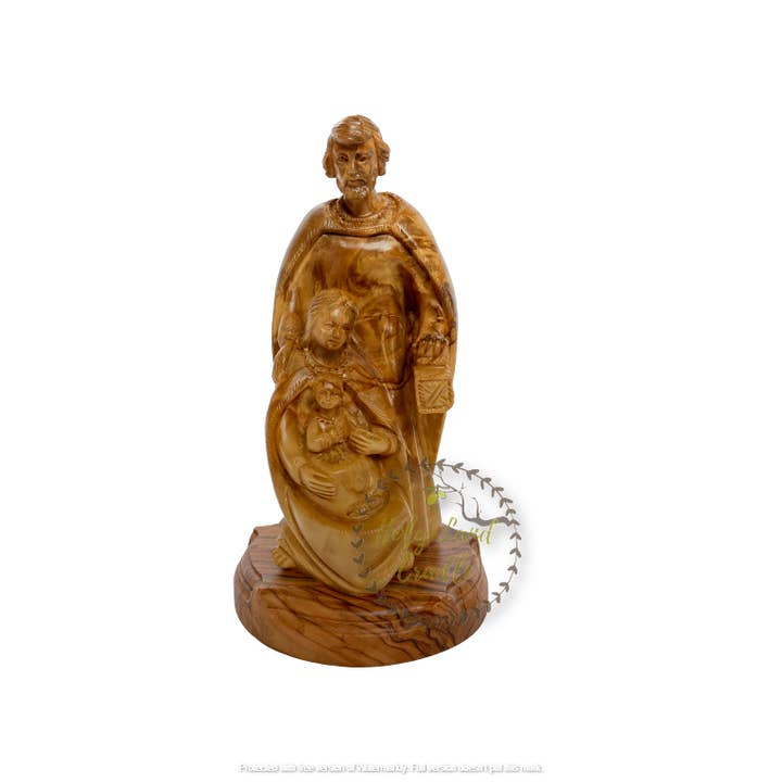 Olive Wood Holy Family Hand Carved Statue With Base for wholesale by Holy Land Cradle