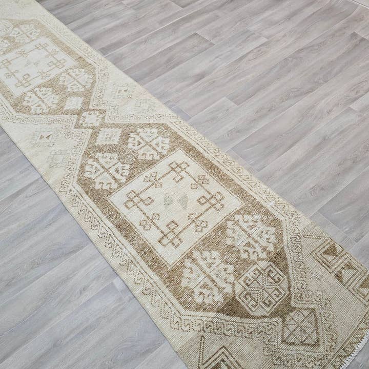 Hand Knotted Turkish Wool Runner Rug: Neutral Anatolian Design (2.50x11.85 feet) for wholesale by MesopotamiaRugs