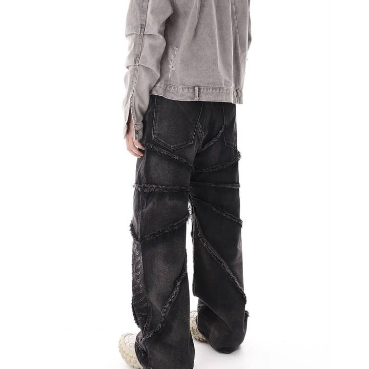 Negro-Gris Pantalones holgados vintage de tela de araña con bordes crudos para hombre de venta al por mayor en Faire