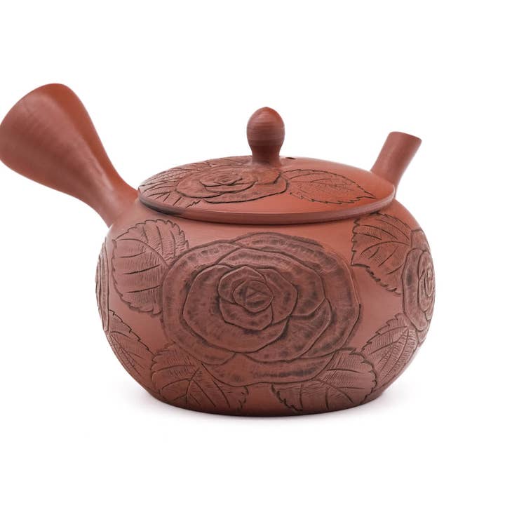 Japanse Kyusu - 玉光 Gyokko Oven - Met Camellia Bloem Gegraveerde Tokoname-yaki Theepot - 260ml voor wholesale door Tezumi