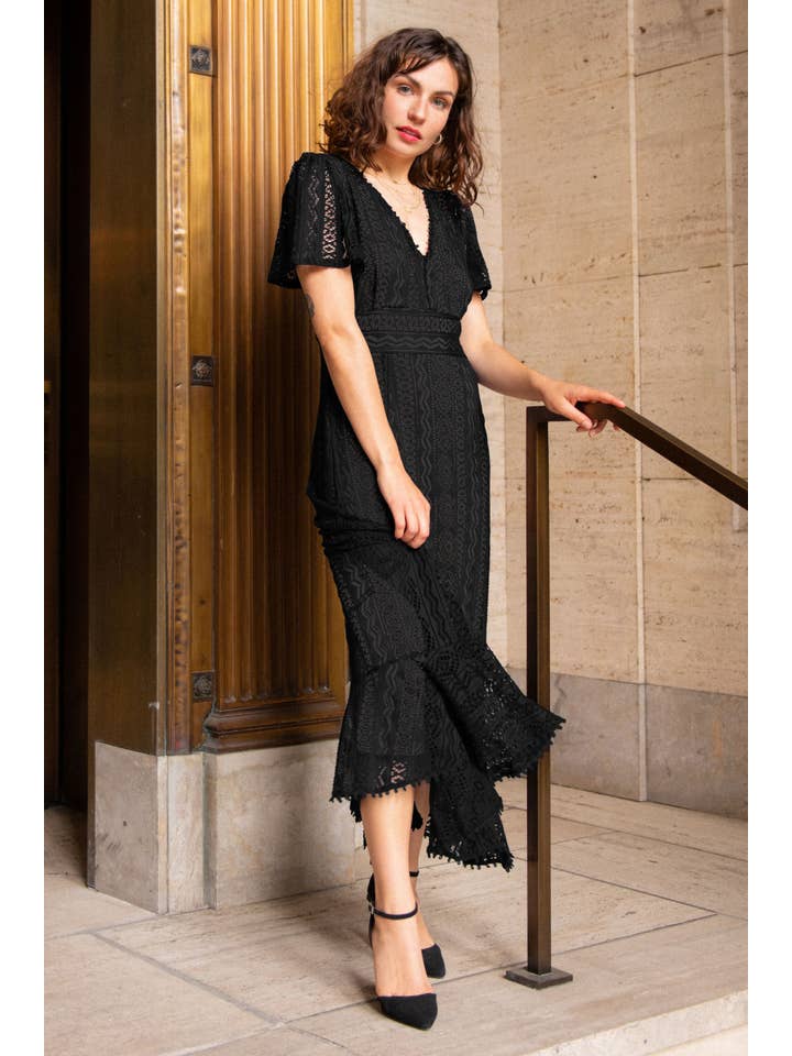 Black Bonnie Crochet Knit Midi Dress Lining Short Sleeves for wholesale on Faire3