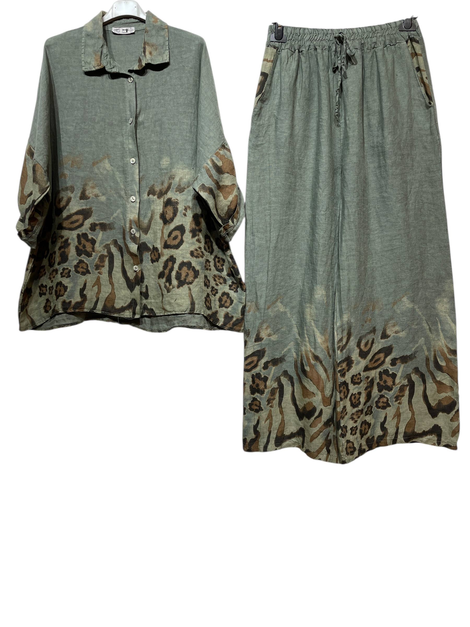 LINEN & COTTON HOUSE – Engroshandel Overdelssæt – til kvinder – Leopardmønstret hørskjorte og bukser sæt 09002 4840318