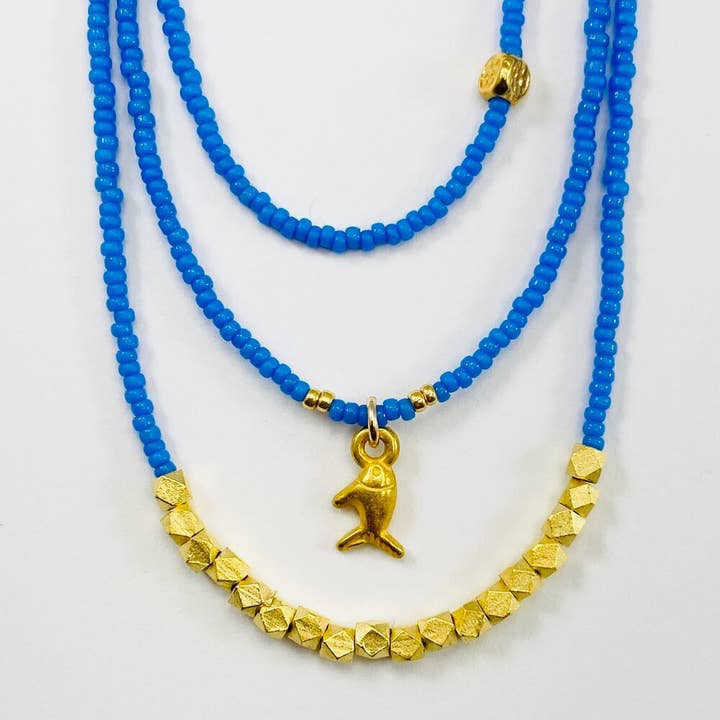 Juego de collar de triple cuentas de Blues, circón y calceonia para venta al por mayor de Sarah Crawford Handcrafted