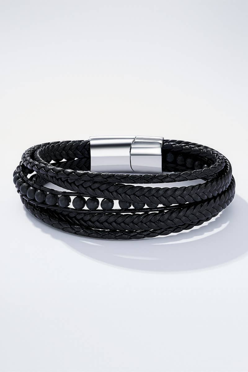 Black Leather and stainless steel bracelet 324OP88 for wholesale on Faire0