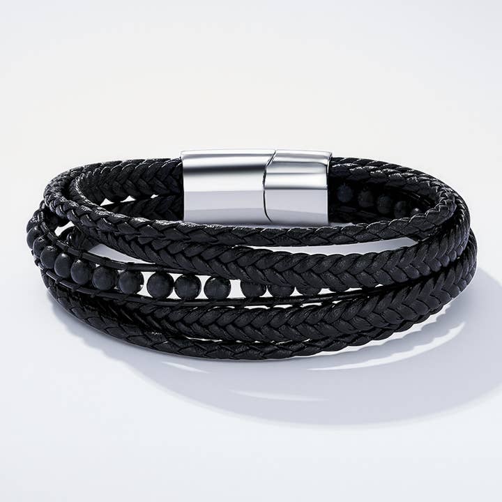 Schwarz Armband aus Leder und Edelstahl 324OP88 für den Großhandel auf Faire0